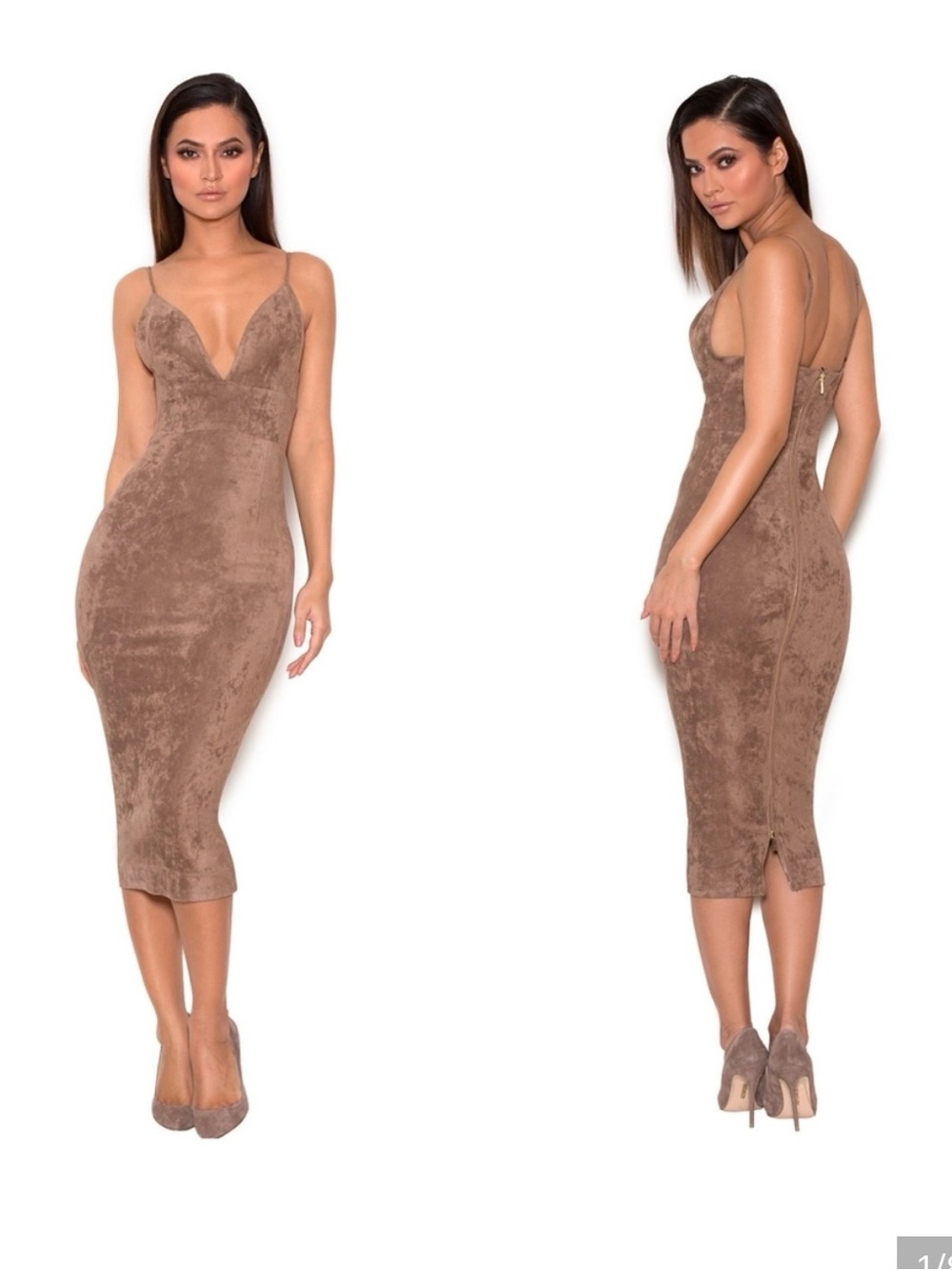 NWT- House of CB - Vini - Taupe Suede-Look Spaghetti Strap Midi Dress- S
